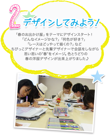 2.デザインしてみよう 「春のお出かけ服」をテーマにデザインスタート！「どんなイメージかな？」「何色が好き？」「レースはどっやって描くの？」などちびっこデザイナーと先輩デザイナーで会話をしながら思い思いの“春“をイメージ。色とりどりの春の洋服デザインが出来上がりました♪